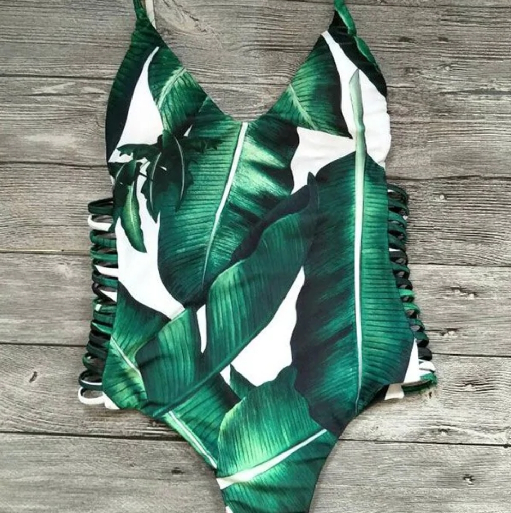 Palm Print Plunging Neckline One Piece